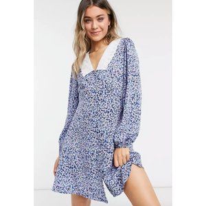 New Look Embroidered Collar Mini Dress Blue Ditsy Floral Country Chic UK10 US6